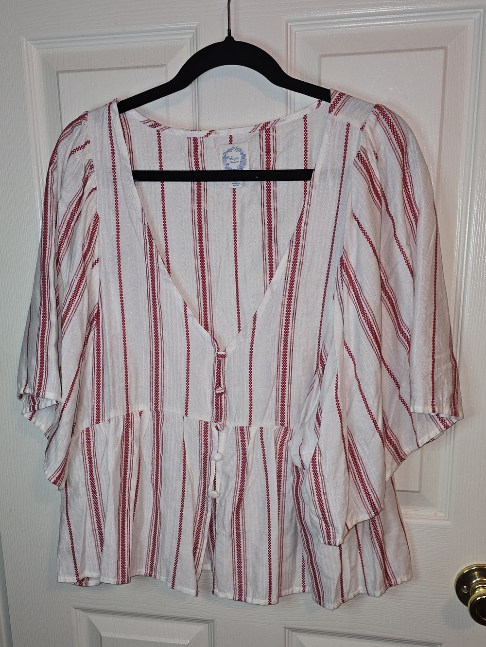 Blue Rain Red & White Striped V-Neck Peplum Top